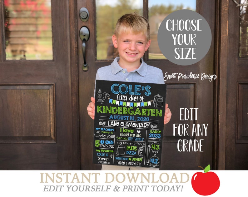 May include: A chalkboard sign with the text "COLE'S first day of KINDERGARTEN - AUGUST 14, 2020 - LAKE ELEMENTARY" and a boy holding the sign. The sign also includes information about the boy's teacher, favorite activities, and age. The sign is decorated with colorful illustrations of school supplies and a red apple.