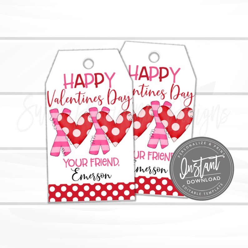 May include: Two printable Valentine's Day gift tags with red and white polka dot backgrounds. The tags feature a pink and red heart design with the text "Happy Valentines Day" and "Your Friend, Emerson".