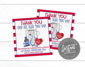 Nurse Appreciation Gift Tag, Thank You Frontlines Worker, Medical Hospital Staff Doctor Gift, DIY Editable Template, INSTANT DOWNLOAD