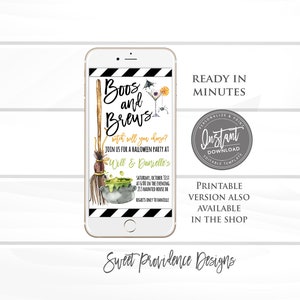 May include: A digital Halloween party invitation displayed on a smartphone screen featuring the text Boos and Brews, a broomstick, a bubbling green cauldron, and a cocktail glass. The design includes black and white striped borders at the top and bottom.