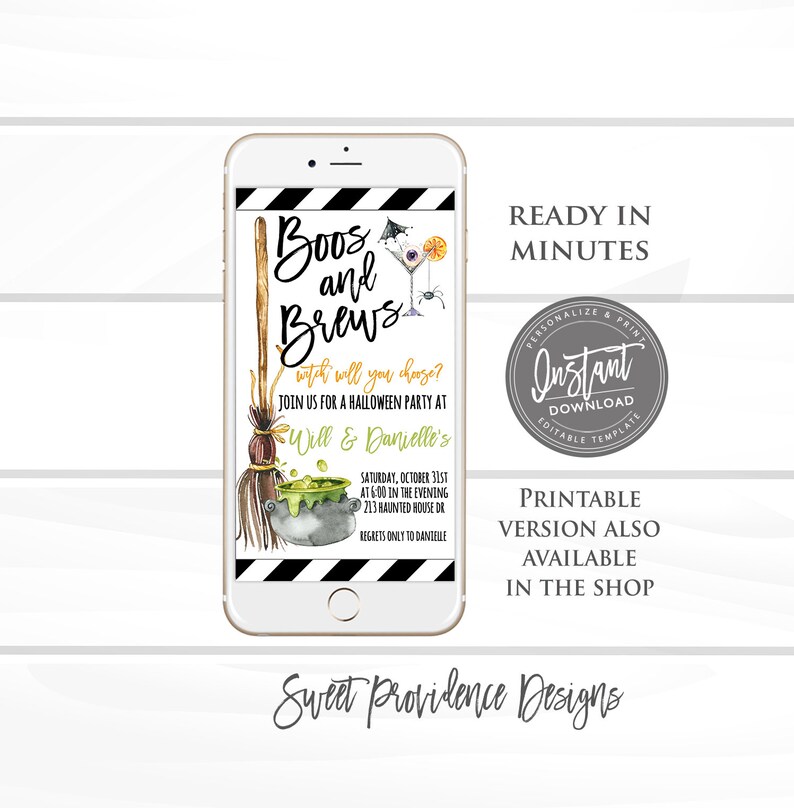 May include: A digital Halloween party invitation displayed on a smartphone screen featuring the text Boos and Brews, a broomstick, a bubbling green cauldron, and a cocktail glass. The design includes black and white striped borders at the top and bottom.