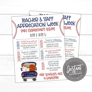 May include: A printable teacher appreciation week schedule with a baseball theme. The schedule includes a different activity for each day of the week, from May 1st to May 5th. The activities include a cookie bar, fresh fruit and yogurt, and a lemonade bar. The schedule also includes a blue pickup truck with baseballs and bats in the back.