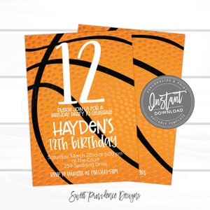 Puede incluir: Invitaci&oacute;n de cumplea&ntilde;os con tem&aacute;tica de baloncesto con un gr&aacute;fico de baloncesto naranja y negro, el n&uacute;mero 12 y el texto "Hayden's 12th birthday". La invitaci&oacute;n incluye la fecha, la hora y el lugar de la fiesta, as&iacute; como un contacto para RSVP.