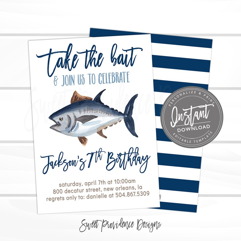 May include: A blue and white striped background with a white card featuring a watercolor illustration of a tuna fish. The card has the text "Take the bait & Join us to celebrate Jackson's 7th Birthday" and details for the birthday party.
