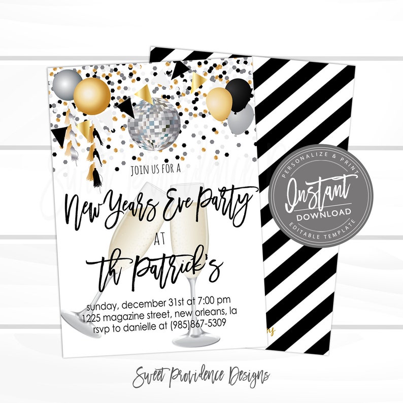 New Years Eve Party Champagne Invitation, Editable NYE Party, New Years Party, Black Gold Confetti, Printable, , Instant Download image 1