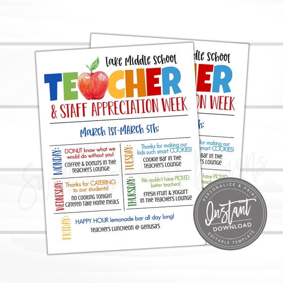 EDITABLE Teacher Appreciation Week Itinerary, Printable Digital File, Appreciation Week Schedule Events Apple, Instant Access- Edit Now! Il_570xn