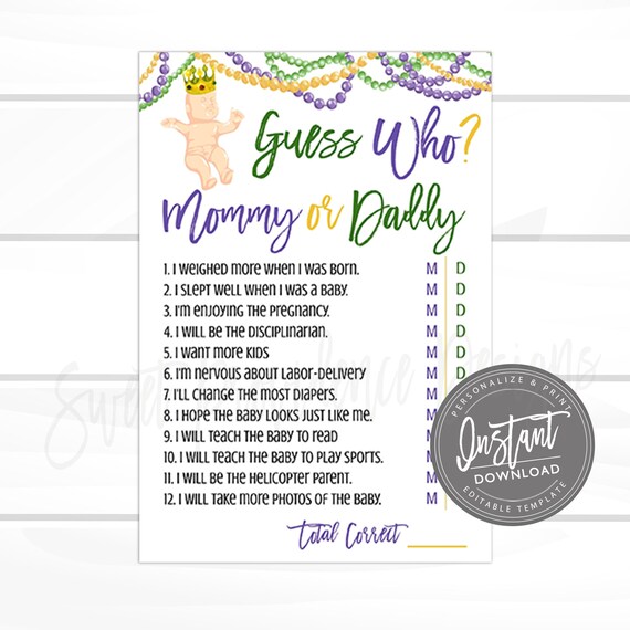 Baby Shower Mommy or Daddy Game Card, Mardi Gras Baby Shower Game Card, King Cake Invitation, Baby Shower Game, EDITABLE Instant Access Il_570xn