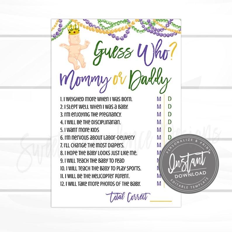 Baby Shower Mommy or Daddy Game Card, Mardi Gras Baby Shower Game Card, King Cake Invitation, Baby Shower Game, EDITABLE Instant Access image 1