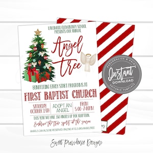 May include: A Christmas-themed flyer with a decorated tree, gifts, and an angel illustration. The flyer promotes an "Angel Tree" event benefiting early start programs at First Baptist Church. Includes the text "Instant Download" and "Sweet Providence Designs."