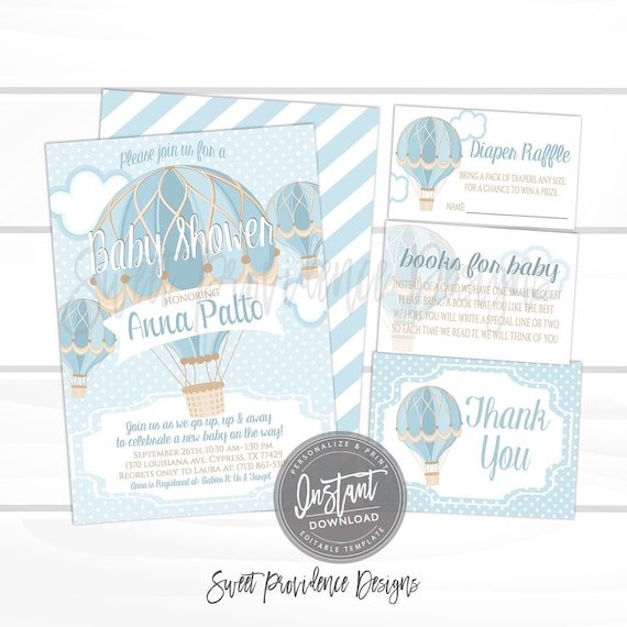 Hot Air Balloon baby shower invitation, Blue Hot Air Balloon Invitation