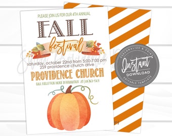 Fall Fest Flyer, Fall Festival Invitation, Pumpkin, Fall Invite, Pumpkin Patch, Church, School, Editable Flyer Template, Instant Download