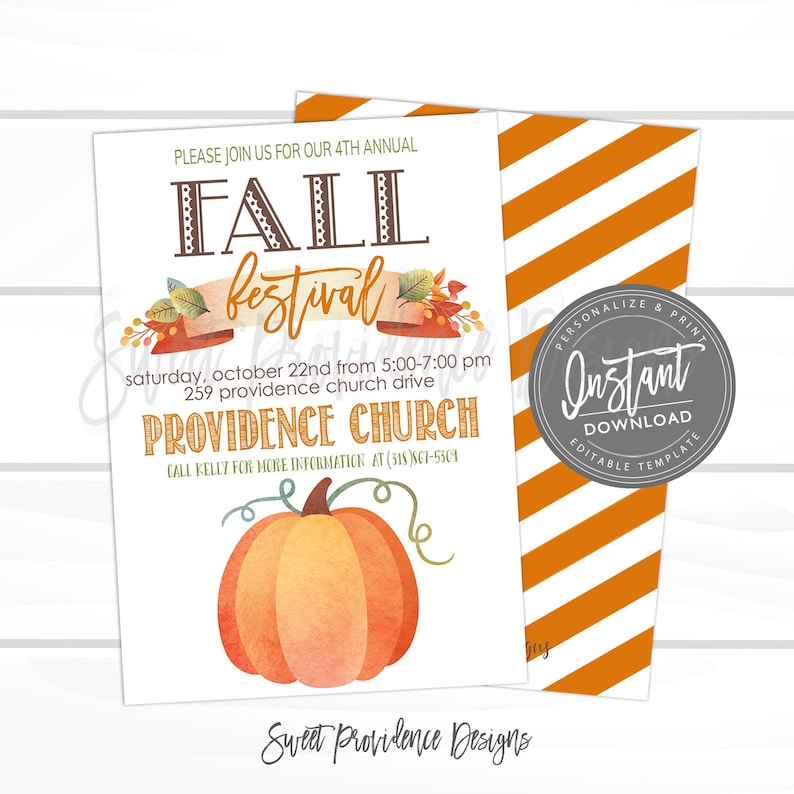 Puede incluir: Una invitaci&oacute;n blanca con texto naranja y marr&oacute;n y una ilustraci&oacute;n de calabaza en acuarela. La invitaci&oacute;n dice "Fall Festival" e incluye detalles del evento para Providence Church. La parte posterior de la invitaci&oacute;n tiene rayas diagonales naranjas y blancas. Es una plantilla descargable.