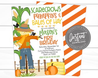 Fall Scarecrow Birthday Pumpkin Patch Invitation, Corn Maze, Kids Pumpkin Birthday, Editable First Birthday template, Instant Download