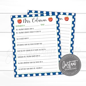 Editable All About My Teacher, Student Questionnaire Survey, Few of My Favorite Things, Gift Letter, Appreciation, Printable Instant