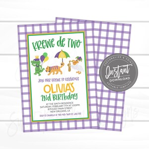 Mardi Gras Birthday Invitation, Animal Parade, Krewe De Two,  Editable template, birthday girl, Fat Tuesday Carnival, Instant Access