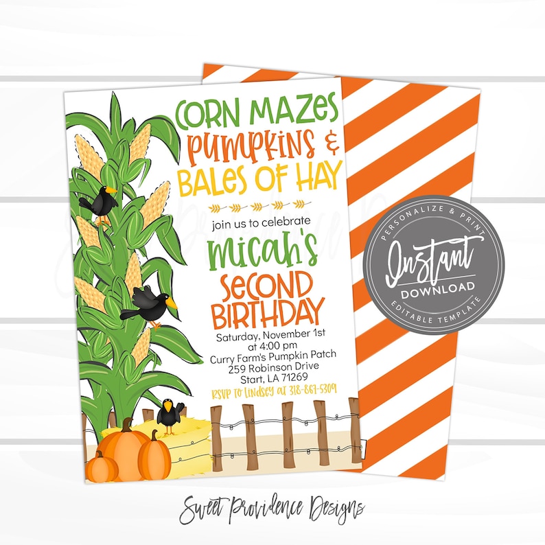 May include: A custom invitation for a second birthday party. The design features corn stalks, pumpkins, and blackbirds. The text reads "Corn Mazes, Pumpkins & Bales of Hay" and "Micah's Second Birthday". The background has orange and white diagonal stripes.