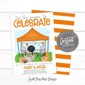 May include: An orange and white striped background with a white card featuring an illustration of a tailgate party with a tent, chairs, a cooler, and a grill. The text on the card reads "tis' the season to... CELEBRATE join us to celebrate the engagement of MARY & MICHA saturday, november 7th at 11:00am 800 stadium drive, baton rouge, la regrets only to: danielle at 225.867.5309 Sweet Providence Designs".