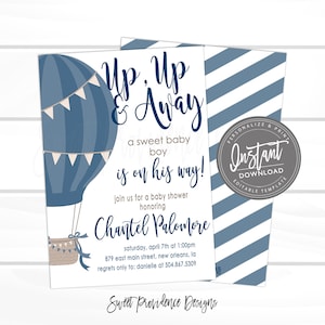 Hot air balloon invitation, Balloon Baby Shower Invitation, Blue Balloon Invitation, Navy Balloon Invite template, Editable Instant Access