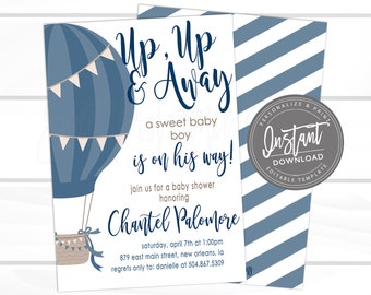 Hot air balloon invitation, Balloon Baby Shower Invitation, Blue Balloon Invitation, Navy Balloon Invite template, Editable Instant Access