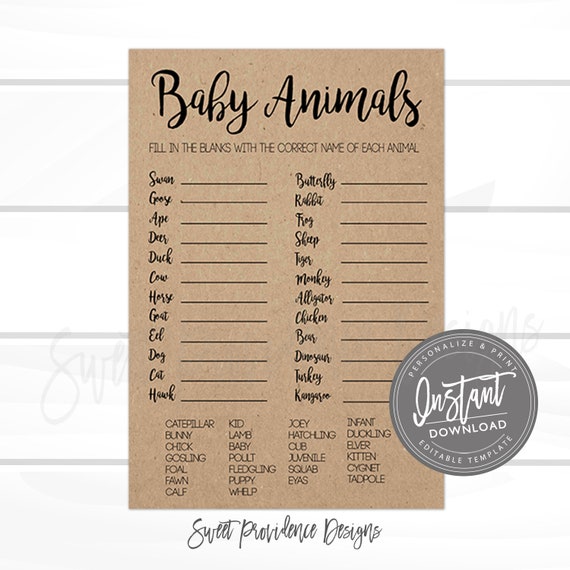Printable Rustic Baby Shower Baby Animals Game, Printable Kraft Shower Games, Editable baby shower game, Baby Shower Game, Instant Access Il_570xn