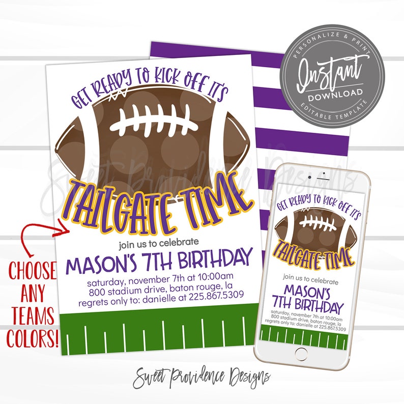 May include: Purple and yellow football-themed birthday invitation with a football graphic and the text "Get Ready to Kick Off It's Tailgate Time". The invitation is for Mason's 7th birthday and includes the date, time, location, and contact information.