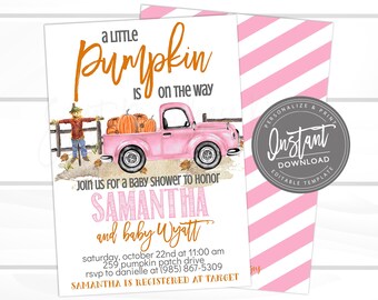 Fall Baby Shower Invitation, Pumpkin, Pink Truck, Pink Girl Pumpkin Fall Invite, Editable Baby Shower Invitation Template, Instant Download