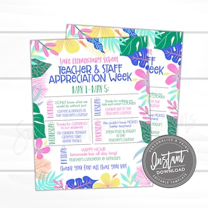 EDITABLE Teacher Appreciation Week Itinerary, Printable Digital File, Tropical Appreciation Week Schedule Events, Instant Access- Edit Now!