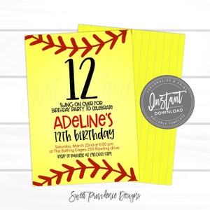 May include: A yellow and red baseball-themed birthday invitation for a 12th birthday party. The invitation says "Swing on over for birthday party to celebrate Adeline's 12th birthday". The invitation includes the date, time, and location of the party. It also includes the RSVP information.