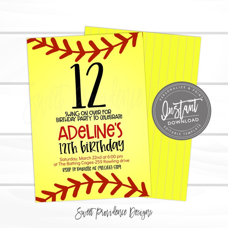 May include: A yellow and red baseball-themed birthday invitation for a 12th birthday party. The invitation says "Swing on over for birthday party to celebrate Adeline's 12th birthday". The invitation includes the date, time, and location of the party. It also includes the RSVP information.