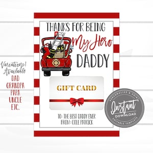 EDITABLE Fathers day Gift Card, Fireman theme gift card holder, Gift from kids, Father's Day Gift, Father's Day Present, PapPaw, Grandpa image 1