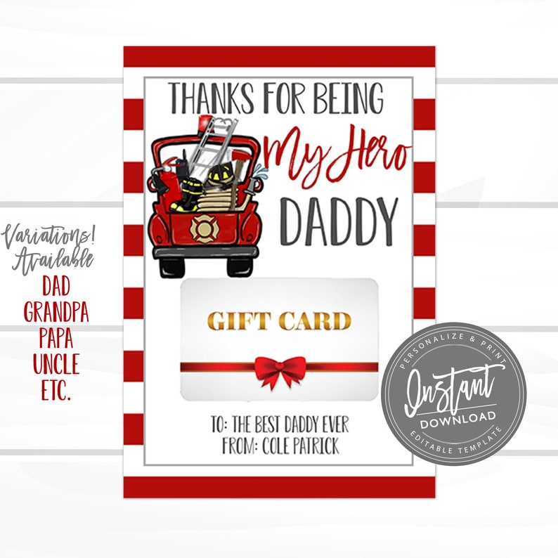 EDITABLE Fathers day Gift Card, Fireman theme gift card holder, Gift from kids, Father's Day Gift, Father's Day Present, PapPaw, Grandpa image 1