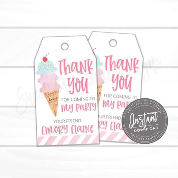 Thank You Favor Tag Template, Ice Cream Cone Birthday Thank You Tag, DIY BirthdayTag Printable, Instant Access, Edit Yourself, Il_570xn