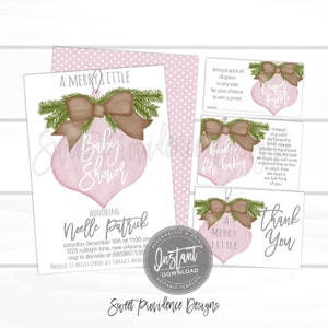 May include: A collection of baby shower stationery with a pink and brown ornament design. The invitation reads "A Merry Little Baby Shower" and includes details for Noelle Patrick's shower. Additional cards include "Diaper Raffle," "Books for Baby," and a thank you card.