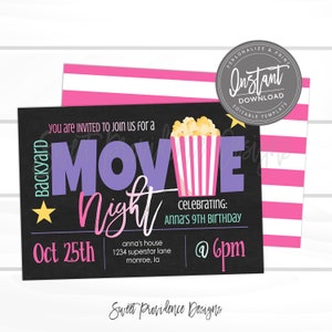 May include: A black chalkboard style invitation for a backyard movie night celebrating a 9th birthday. The invitation features a cartoon image of a popcorn bucket with a star and the text "Backyard Movie Night" in colorful letters. The invitation includes the date "Oct 25th" and the time "@ 6pm" along with the address "anna's house 1234 superstar lane monroe, la".