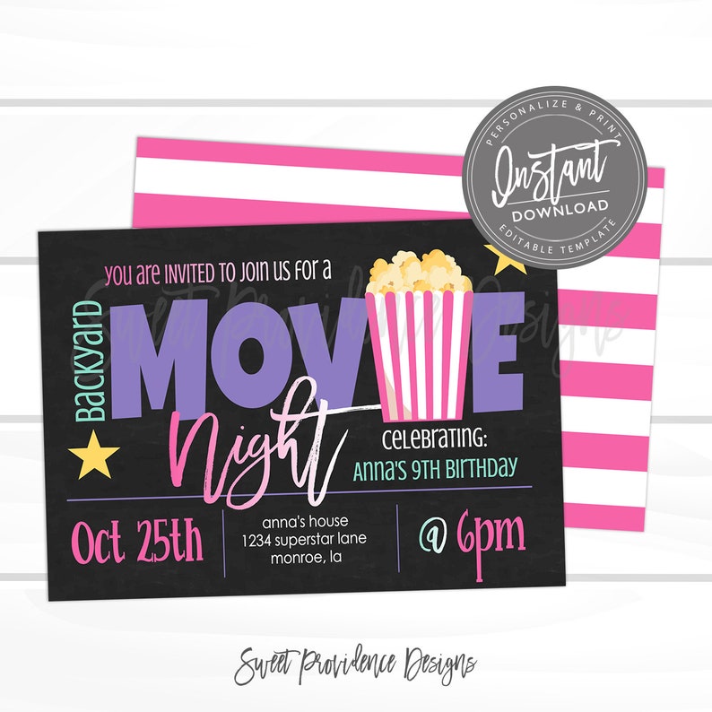 May include: A black chalkboard style invitation for a backyard movie night celebrating a 9th birthday. The invitation features a cartoon image of a popcorn bucket with a star and the text "Backyard Movie Night" in colorful letters. The invitation includes the date "Oct 25th" and the time "@ 6pm" along with the address "anna's house 1234 superstar lane monroe, la".