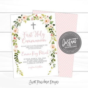 Peut inclure: Une carte blanche avec une bordure florale et une croix rose. Le texte indique "Premi&egrave;re communion" et "Emma Ray Patrick". La carte comprend &eacute;galement la date "Dimanche 25 mars 2019" et l'heure "&Agrave; la messe de midi".