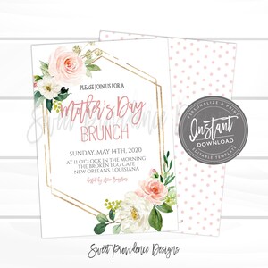 Mother&#39;s Day Brunch Invitation, EDITABLE Church Brunch Invite, Mothers Day Tea, Elegant Pink Floral PRINTABLE Invite, Instant Access