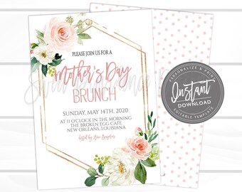 Mother's Day Brunch Invitation, EDITABLE Church Brunch Invite, Mothers Day Tea, Elegant Pink Floral PRINTABLE Invite, Instant Access