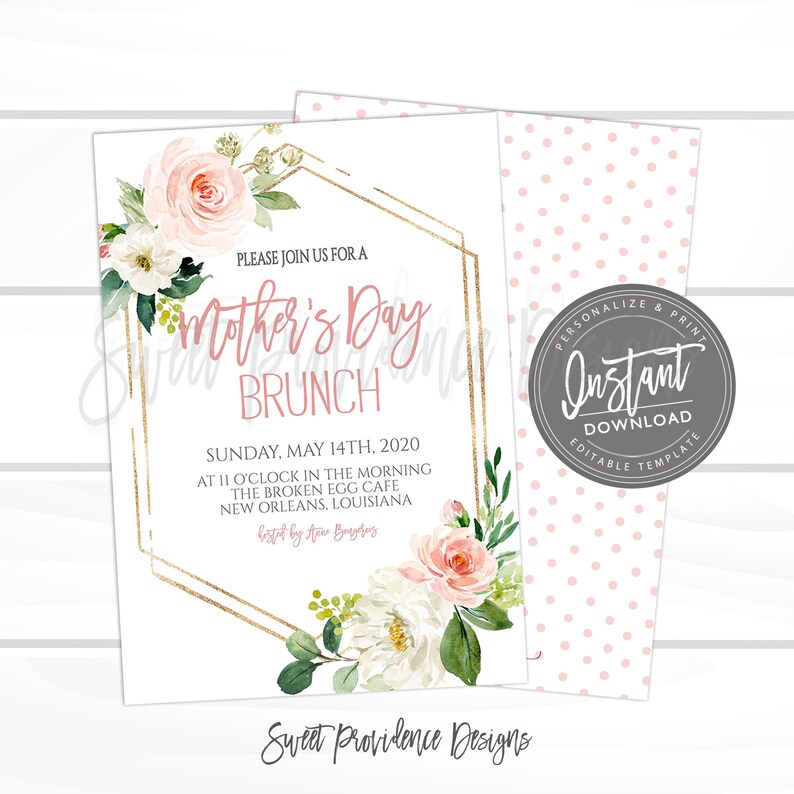 Mother's Day Brunch Invitation, EDITABLE Church Brunch Invite, Mothers Day Tea, Elegant Pink Floral PRINTABLE Invite, Instant Access image 1