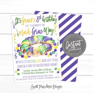 May include: A purple and white striped background with a white card on top. The card has a watercolour illustration of a king cake with purple, green, and gold icing. The text on the card reads "It's Grace's 8th birthday! Let's celebrate the Mardi Gras Way! With a little king cake and lots to do, come be a part of her birthday krewe! Sunday, January 28th at 2:00 pm 1718 North Blvd. Shreveport, LA 71001 We will be making our own king cakes! Text Allison at 318.867.5309 to reserve your baking supplies Sweet Providence Designs"