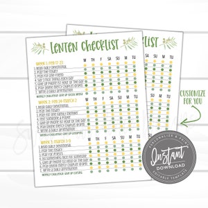 May include: Printable Lenten checklist with a green olive branch design. The checklist includes daily tasks for each week of Lent, such as reading a devotional, praying the rosary, and giving up social media. The checklist is customizable and includes a weekly challenge.
