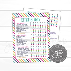 Pode incluir: Um gr&aacute;fico de rotina di&aacute;ria imprim&iacute;vel para Emma Ray, com uma borda listrada colorida. O gr&aacute;fico inclui se&ccedil;&otilde;es para tarefas matinais, p&oacute;s-escolares e de dormir, com caixas de sele&ccedil;&atilde;o para cada dia da semana. O design inclui as palavras "Download instant&acirc;neo" e "Modelo edit&aacute;vel".