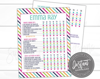 Puede incluir: Un gráfico de rutina diaria imprimible para Emma Ray, con un borde a rayas de colores. El gráfico incluye secciones para las tareas de la mañana, después de la escuela y a la hora de acostarse, con casillas de verificación para cada día de la semana. El diseño incluye las palabras "Descarga instantánea" y "Plantilla editable".