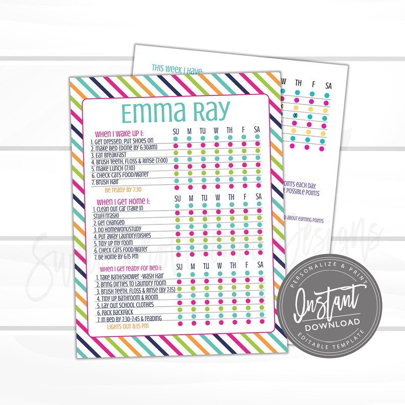 Pode incluir: Um gr&aacute;fico de rotina di&aacute;ria imprim&iacute;vel para Emma Ray, com uma borda listrada colorida. O gr&aacute;fico inclui se&ccedil;&otilde;es para tarefas matinais, p&oacute;s-escolares e de dormir, com caixas de sele&ccedil;&atilde;o para cada dia da semana. O design inclui as palavras "Download instant&acirc;neo" e "Modelo edit&aacute;vel".