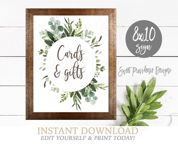 Cards and Gifts Sign, Baby Shower Sign, Editable Eucalyptus Greenery Print, Green Wreath Bridal Shower Sign, Printable Instant Access Il_570xn