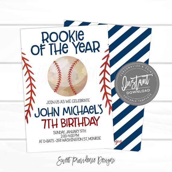 Baseball Birthday Invitation, Rookie of the Year, Editable baseball team party, Boy Sports Birthday Invitation, Printable Instant Access Il_570xn