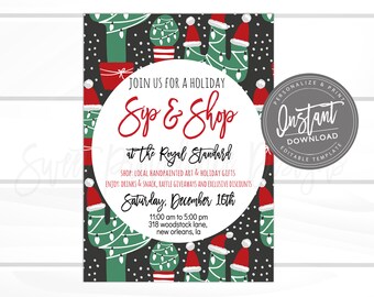 Christmas Flyer, Editable Cactus Sip & Shop Holiday Boutique Invite, Business shopping flyer, open house template  Instant Download