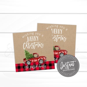 May include: Two square Christmas cards with a kraft paper background. Each card features a red truck carrying a Christmas tree, the text "wishing you a Merry Christmas," and a red and black plaid border with the family name.