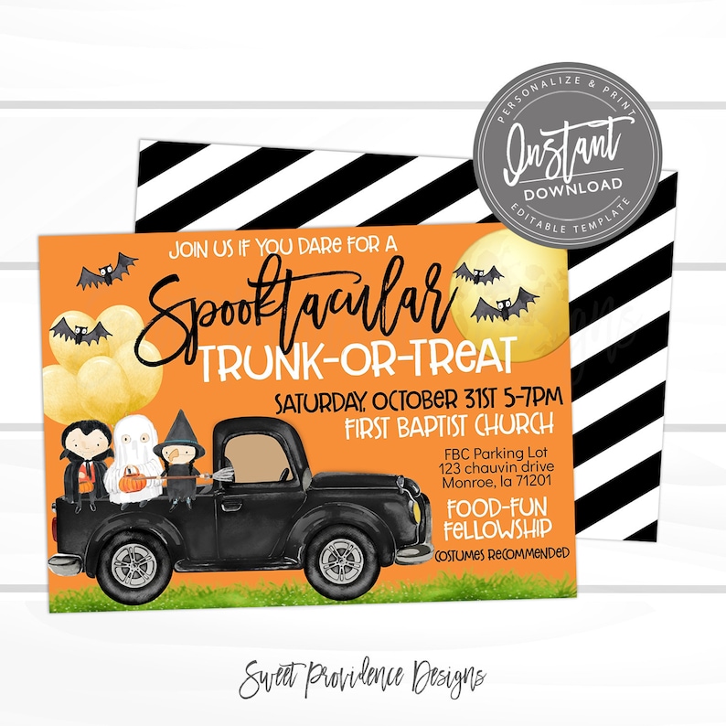 May include: Halloween-themed invitation with an orange background and black and white striped backing. The invitation features a black truck carrying costumed characters, bats, and the text "Spooktacular Trunk-or-Treat".