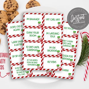 May include: A set of 24 editable Christmas activity cards with red and white striped borders and festive phrases like "Elf Kisses" and "10 Days Until Christmas." Chocolate chip cookies and candy canes are also visible.